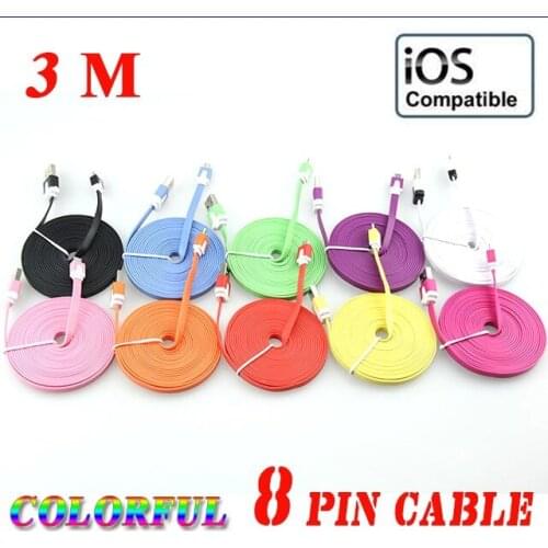 Wholesale 3M 10Ft 8pin Flat Noodle Colorful Sync Data Charging Charger Adapter USB Cable for iPhone X 8 7 6s for IOS 500pcs/lot