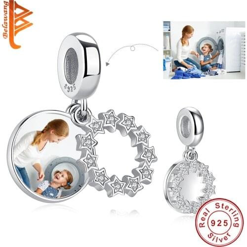 Personalized Custom Photo 925 Sterling Silver Round Crystal Star Moon Charm Bead Fit Original Bracelet For Woman DIY Jewelry