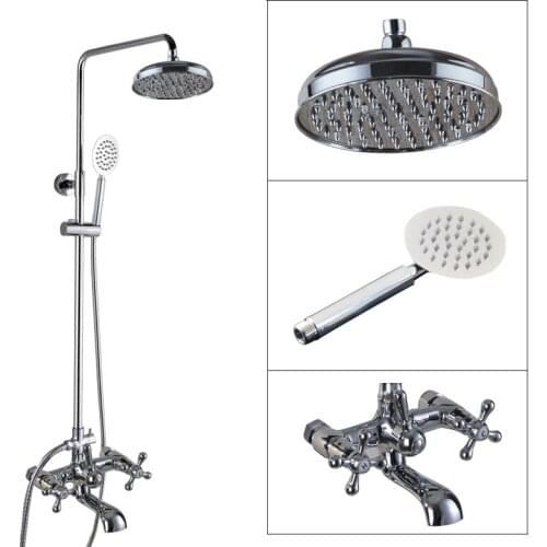 Polished Chrome Brass Bathroom Wall Mounted Round Rain Shower Faucet Set with Hand Spray Two Cross Handles Tub Mixer Tap acy327
