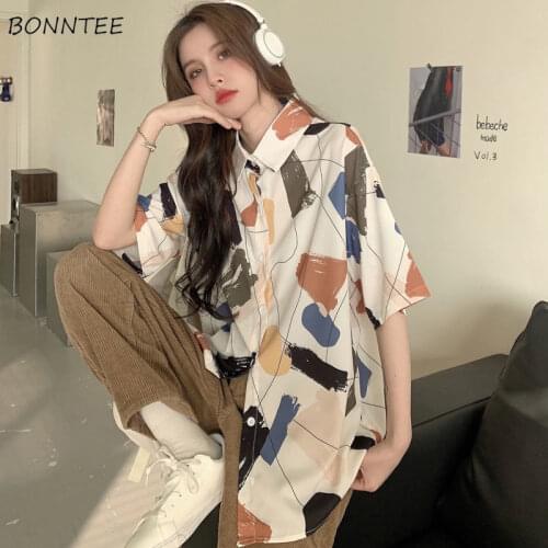 Shirts Women Vintage Clothing Short Sleeve Turn-down Collar Casual Print Fashion Summer Ladies Loose Bf Couples All-match Preppy