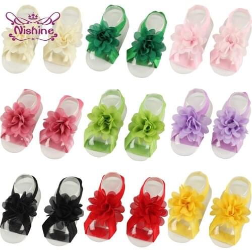 Nishine Lovely Handmade Chiffon Flowers Baby Barefoots Sandals Solid Color Floral Infant Shoes Newborn Accessories Kids Gifts
