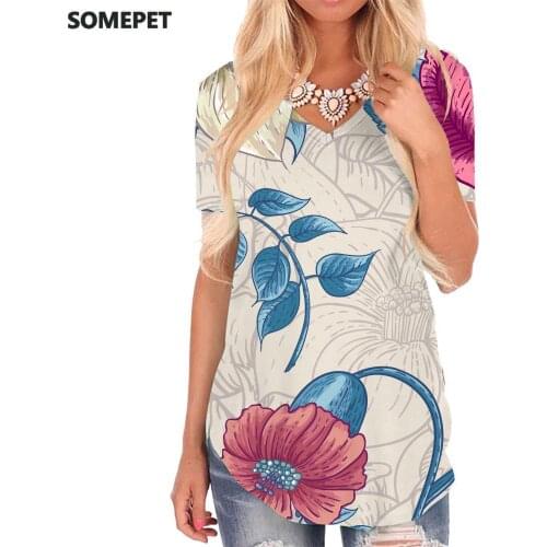 SOMEPET Flowers T-shirt women Colorful Tshirts Printed Leaf V-neck Tshirt Creativity T-shirts 3d Womens Clothing Fashion Loose