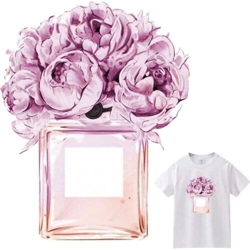 Iron-On Transfer For Clothing Pink Perfume Bottle Patches Washable DIY T-Shirts Heat Transfer Stickers Flowers Clothes Appliqued