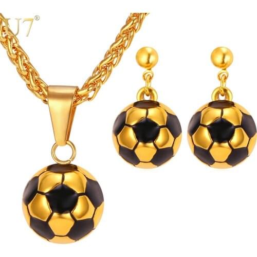 U7 Soccer Football Necklace Set For Women Sport Lover Stainless Steel Pendant Necklace & Earrings Gold Color Jewelry Sets S870