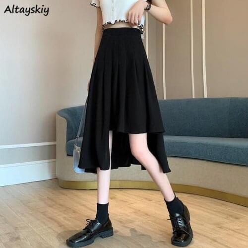 Skirts Women All-match Summer Knee-length Streetwear College Sweet Solid Asymmetrical Design Fashion Empire High Street Casual