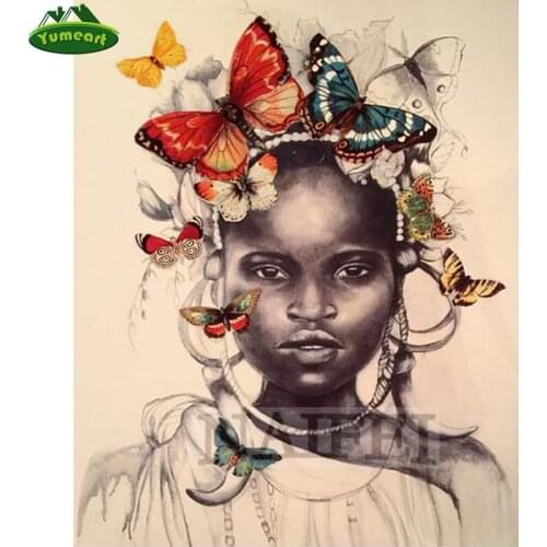 YUMEART 5D Diamond Embroidery Needlework Resin Square Diamond Painting African Girl with Butterfly,diamond Mosaic Cross Stitch
