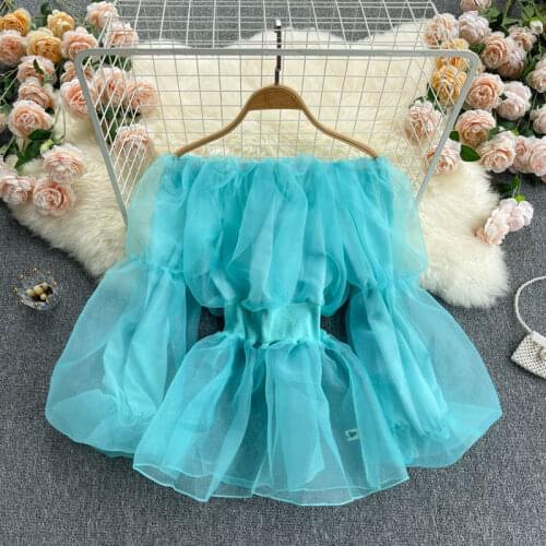 Womens Spring Summer Sexy Slash Neck Puff Sleeve Organza Shirt Female High Waist Short Slim T Shirt Top TB1845