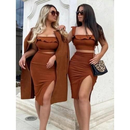 Women Summer Clothing Set 2021 Sexy Brown Ruffles Two Pieces Bandage Set Party High Street Celebrity Top Skirts