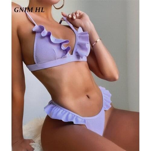 Sexy Triangle Bikini Swimsuit Women 2021 Solid Ruffle Swimwear 2 Pieces Halter Swimming Suit For Women Biquini New Bather Suit