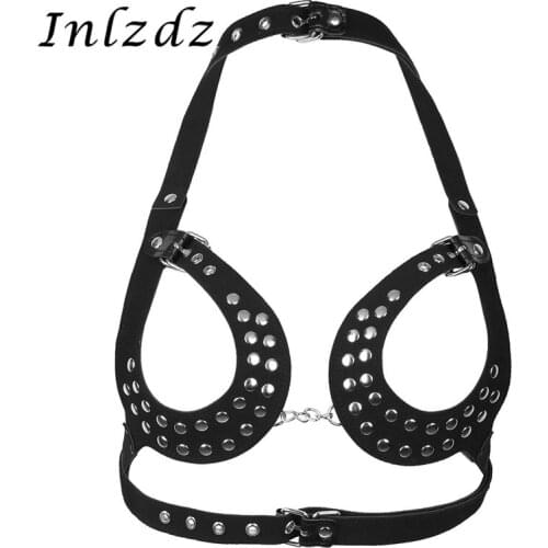 Womens Erotic Lingerie Sex Bra Leather Body Chain Harness Bra Belt with Buckles Rivets Open Cup Hot Bra Top for Sexy Roleplay