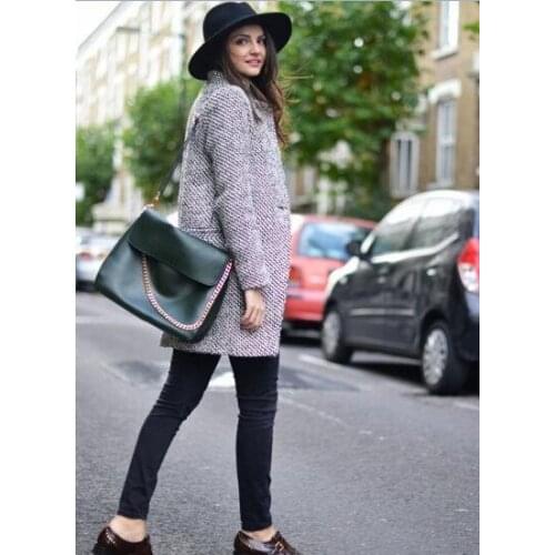 Rebicoo Fashion Winter Coat Women Houndstooth Wool Blend Coat Single Button Pocket Oversize Long Trench Coat Outerwear Wool Coat