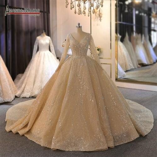 2020 New long sleeves champagne color wedding dress with full pearls beading