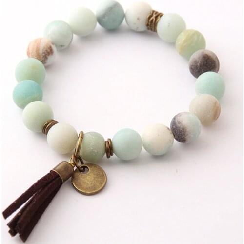 Free Shipping Fashion Natural Stone Energy Bracelets By 10mm Antique Bronze Tassel Beautiful Frosted Amazonite Bracelet bangle