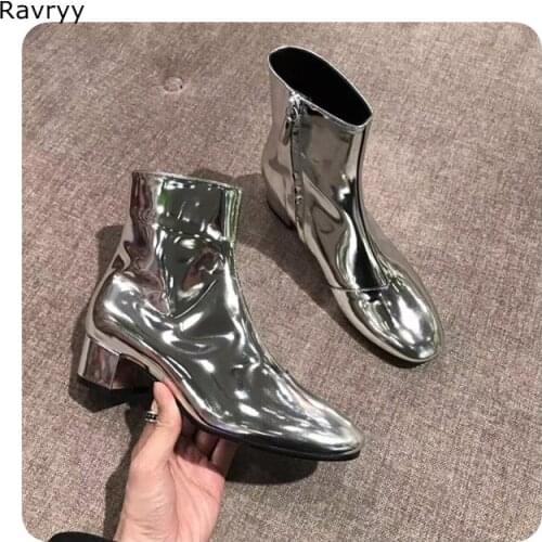 Silver Patent Leather Woman Ankle Boots Hot Fashion Autumn Short Boot Round Toe Square Heel Concise Style Female Party Shoes