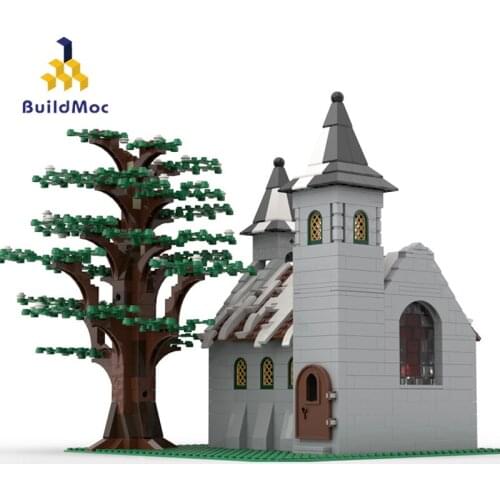Buildmoc Architecture Winter Church Moc Modular House Building Trees Medieval Building Block Model Kids Toy Boys Girls Gifts