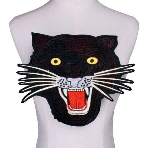 Black leopard head Embroidery lace applique fabric iron on clothes patch sequined stickers t-shirt diy decoration NL377