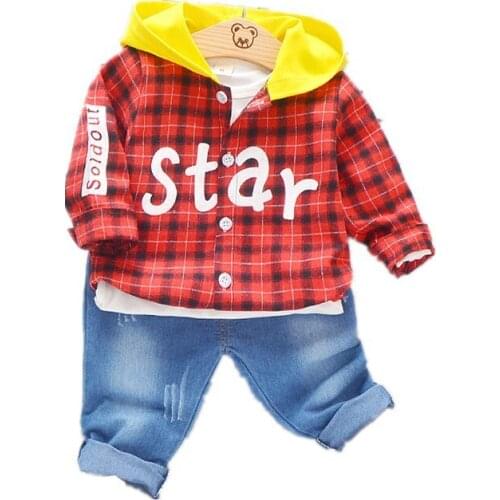 Childrens Autumn Clothing Sets Baby Boys Plaid Hooded Shirt Jeans 2pcs Clothing Sets Toddler Kids Casual Cotton Clothes