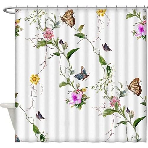 Design Shower Curtain, Colorful Flowers Butterflies Spring Theme Floral Leaf Branch, Waterproof Cloth Fabric Bathroom Decor Set