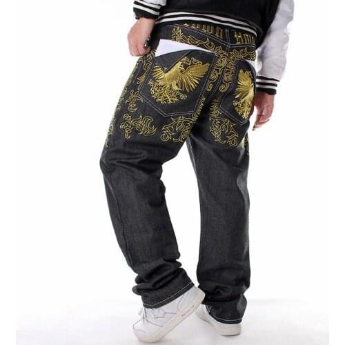 Hip Hop Streetwear Long Cowboy Trousers Large Size Loose Embroidery Wings Straight Denim Jeans Pants Mens Hip-Hop Jeans Male