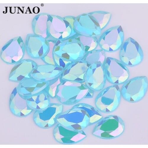 JUNAO 10x14mm 13x18mm Aquamarine AB Crystal Teardrop Rhinestones Flatback Crystal Stones Applique Non Sewn Acrylic Strass