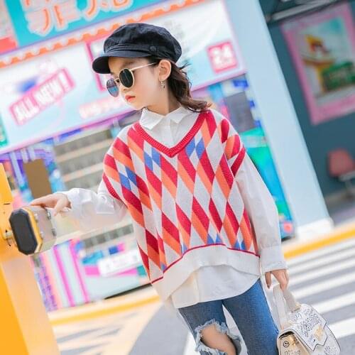 Big Girls Fashion Clothing Set Autumn 2020 New Kids Girls Brief Blouse and Plaid Vest Set Children Casual Two Piece Set, #1054