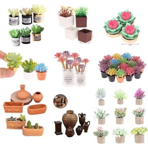 1/12 Dollhouse Miniature Potted Succulent Green Plants Flower Model Flower Pots Accessories For Dollhouse Home Garden Decoration
