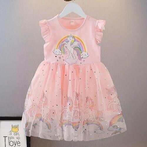 Jargazol Summer Kids Dresses for Girls Cute Unicorn Rainbow Mesh Lace Short Sleeve Princess Dress Vestidos Toddler Girl Costume