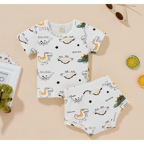 Newborn Babies From 0-24 Months 2 ChildrenS Dinosaur Summer Clothes Short-Sleeved Dinosaur Printed T-Shirt + Shorts Set