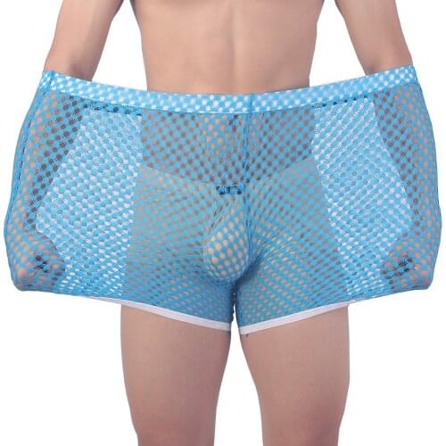 Mens Sexy Sleepwear Big Mesh Brand-clothing Honeycomb Net Mens Home Pajamas Shorts Sexy Sleep Bottom Mens Sheer Pajamas