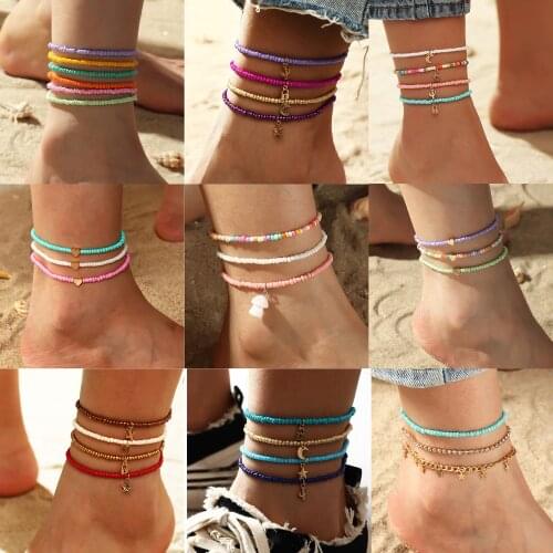 Bohemian Colorful Bead Anklet Sets For Women Summer Beach Handmade Elastic Strech Barefoot Ankle Bracelet On The Leg Gift