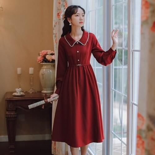 2021 Autumn New Sweet Lovely Gentle Elegant Slim Waist Temperament Slim Tea Break Skirt French Vintage Hepburn red shirt dress w