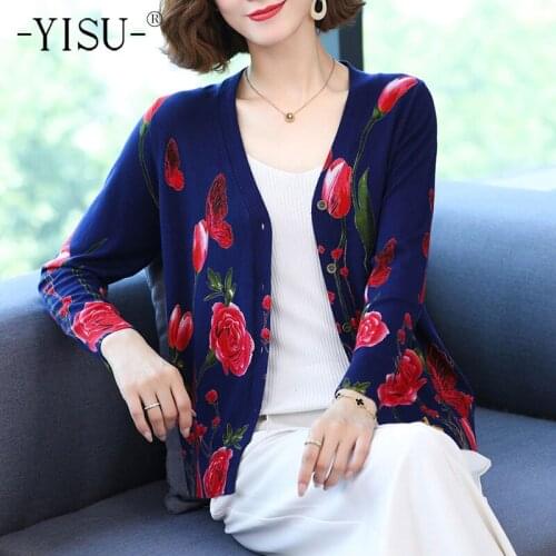 YISU New Women Cardigans Sweater V-Neck Rose flower printing Knitted Coat Cardigan Single Breasted Casual Knit Jacket Sweater