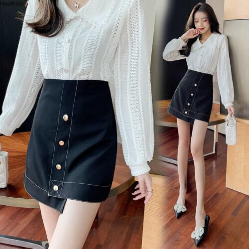 Houthion Slim Womens Clothing New Casual Fashion Solid Zipper Buttons A-Line High Waist Line Mini Skirt Summer