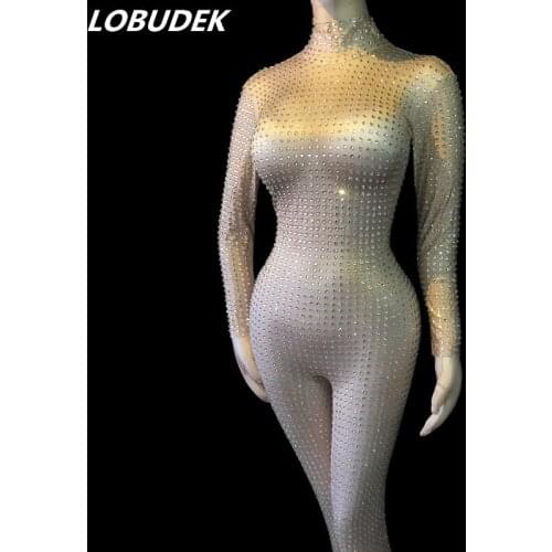 Bling Rhinestones Jumpsuit Sexy Skinny Crystals Mesh Bodysuit Lady Singer Dancer Luxury Costume Party Celebration DS Stage Wear