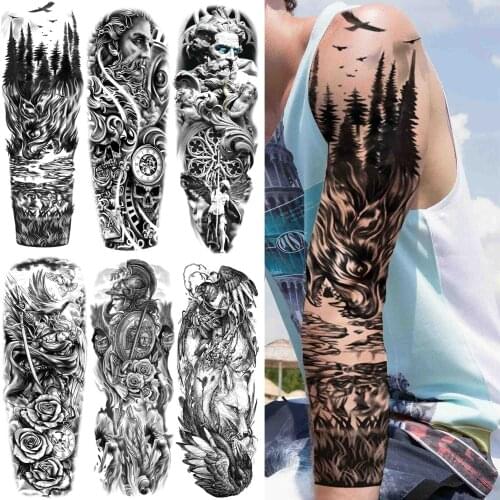 Realistic Forest Temporary Tattoo For Men Women Full Arm Warrior God Flower Tattoos Sticker Sleeve Black Fake Tatoos Hot Sale