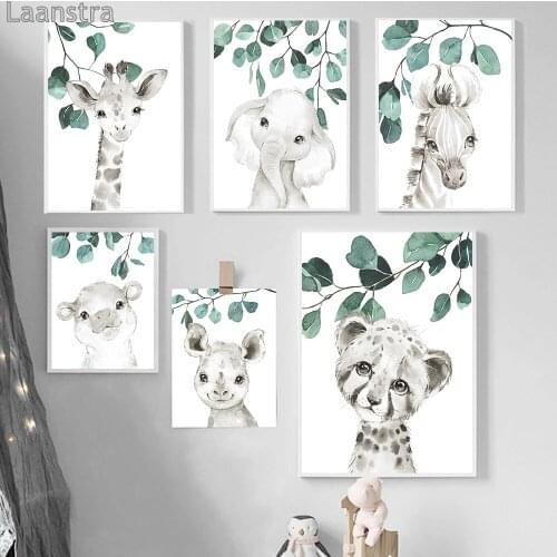 Safari Baby Animals Canvas Poster Nursery Zebra Giraffe Wall Art Print Eucalyptus Animal Painting Nordic Kid Bedroom Pictures