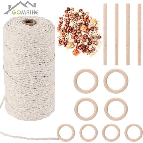GoMaihe Macrame Cord 3mm x 150m and 110 Beads Set, 100% Cotton Rope Craft String Twine for Wall Hanging Plant Hangers Knitting