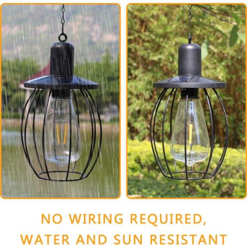 Solar Vintage Metal Lanterns Outdoor Hanging LED Tungsten Bulb Light Waterproof Garden Holiday Decor with Hanger Hook chain