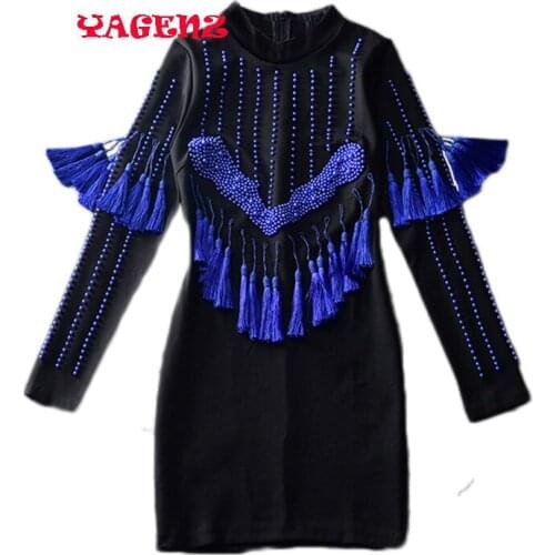 2019 Luxury Beaded fringed dress Spring Womens Fashion Long Sleeve Baroque Peals Beading Tassel Patchwork Dress Mini Party Dres