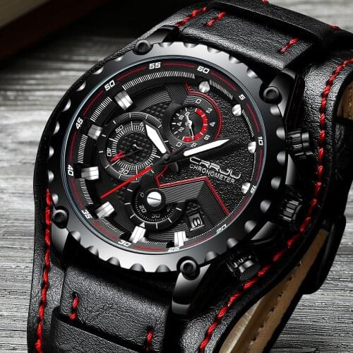 Watches Mens CRRJU Top Brand Luxury Casual Leather Quartz Mens Watch Business Clock Male Sport Waterproof Date Chronograph