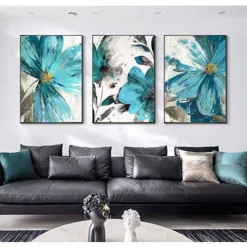Living Room Background Wall Oil Painting Modern Restaurant Mural Simple American Prints Blue Flower Decorative Painting
