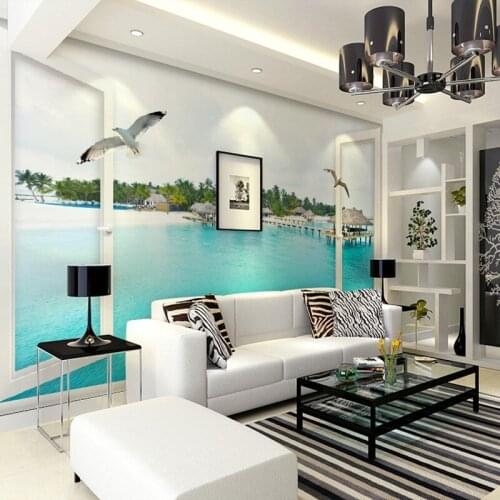 Photo wallpaper TV background living room non-woven 3D stereo wallpaper false window Sea view wallpaper mural