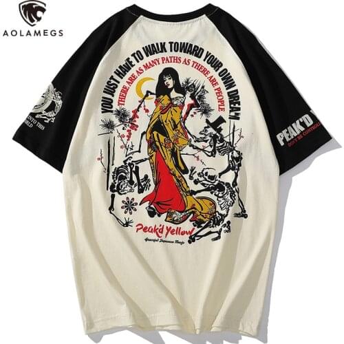 Aolamegs T-shirt Men Japanese Geisha Cherry Blossoms Print Tshirts Casual Hip Hop Streetwear Short Sleeve Diablo Tops Tee Shirts