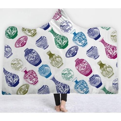 Chromatic Porcelain flower Blanket with hat keep Warm soft sofa comfortable Blanket Chinese style popular white Blanket