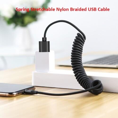 Nylon Braided Type C Micro USB Cable Retractable Spring Fast Charging Data Line For IPhone Huawei Xiaomi Samsung Smartphones