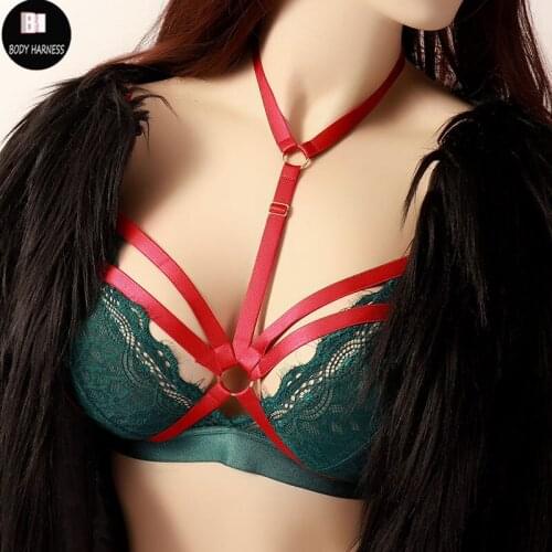 Red Elastic Body Harness Top Hollow Out Chest Bra Harajuku Punk Goth Halloween Club Party Rave Wear Pole Dance Bondage Harness