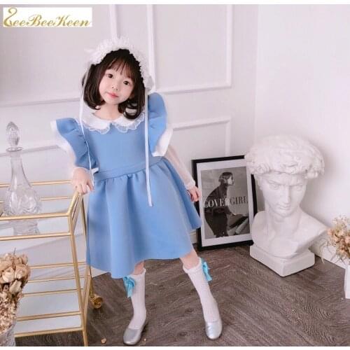 Girls Cute lolita dress Blue Cotton Dress Kids Sweet Lolita White Doll Collar Vest Dress children Alice Cosplay Princess Dress