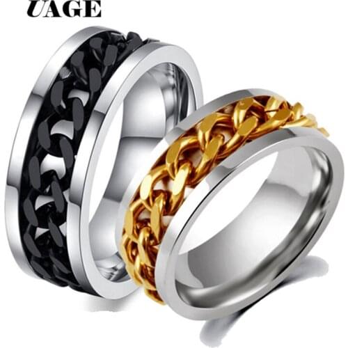 UAGE Punk Rock Men Spinner Ring Titanium Stainless Steel Gold Black Chain Rotable Rings For Women Accessories Size 6-12