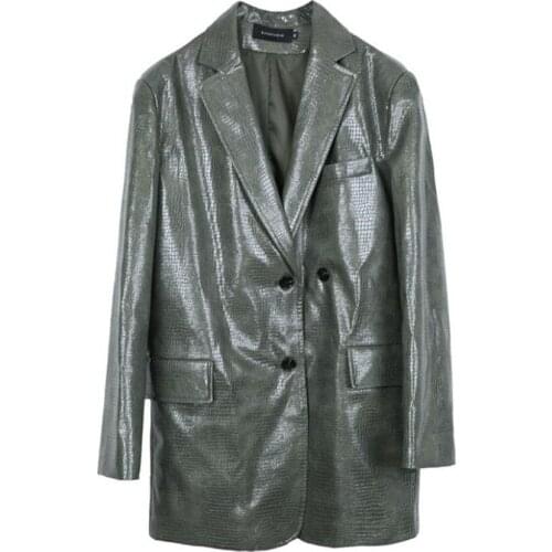 New arrival autumn fashion Crocodile pattern pu leather blazer women loose pocket small suit