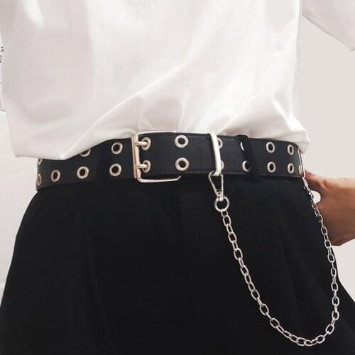Women Punk Chain Fashion Belt Adjustable Double/Single Row Hole Pin Buckle Waist Belt Jeans Casual Female Decorative Waistband